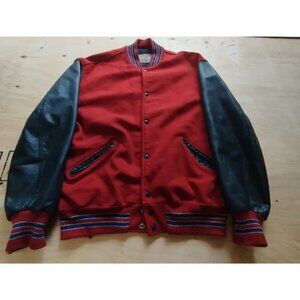 Vintage DeLong Varsity Jacket Mens 2XL Red Wool Black Leather Sleeves Made in US